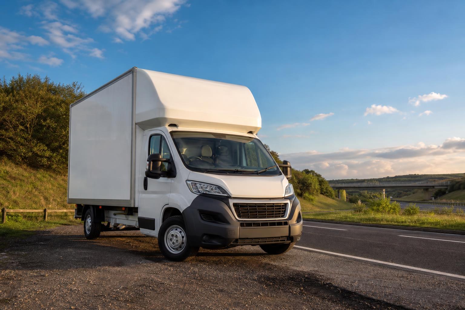 White Luton hire van parked in a tidy roadside setting near Pontefract