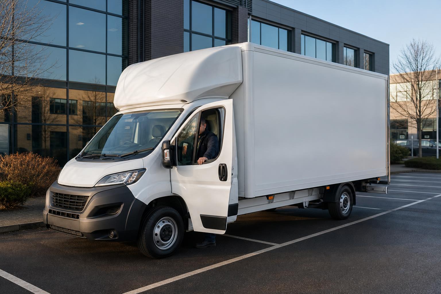 Clean white Luton hire van in a Dewsbury business park with driver preparing to leave